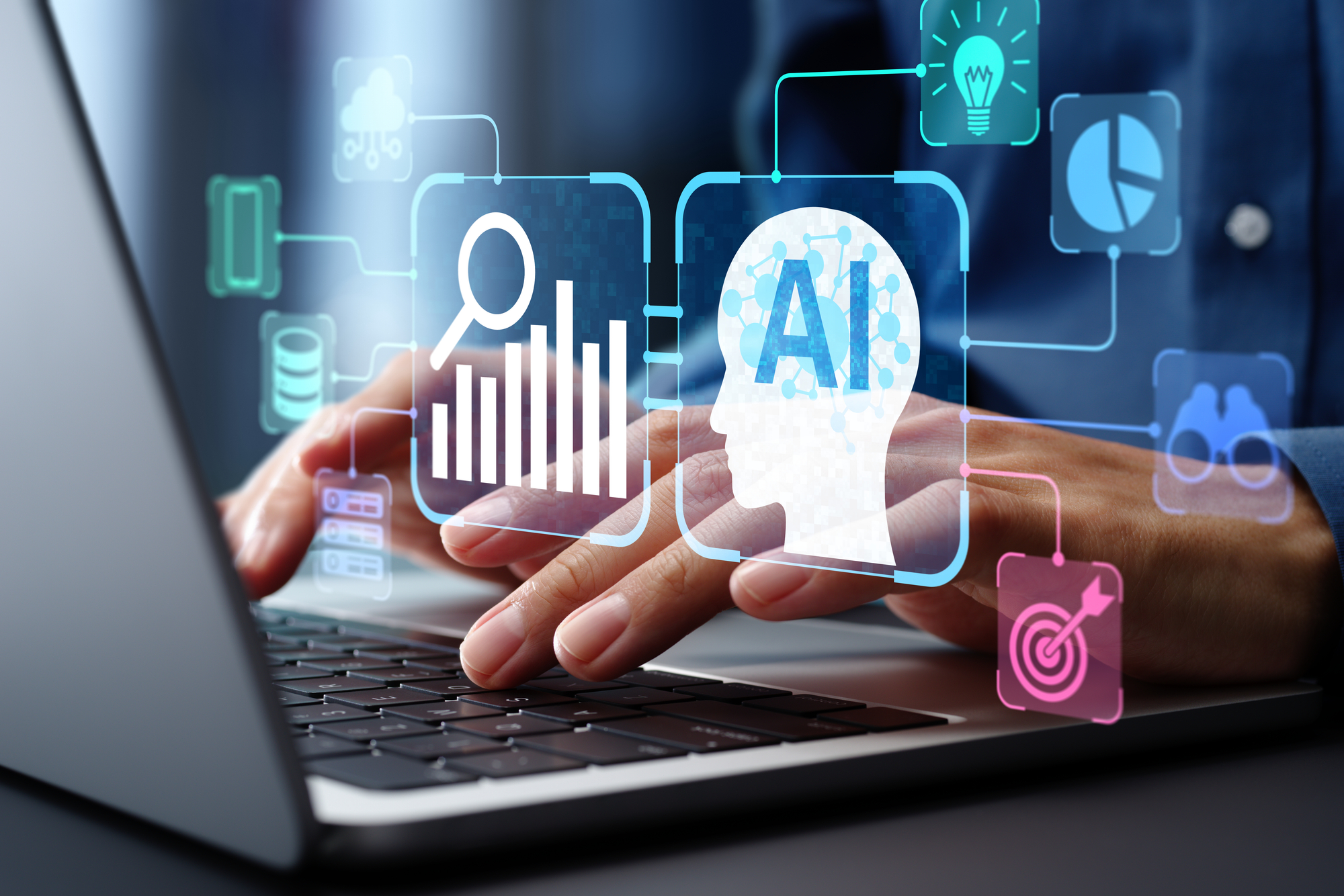 ノートパソコンでAIを活用してデータ分析を行うイメージ